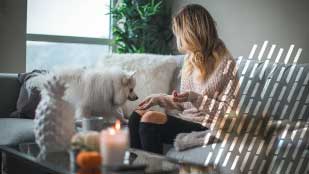 older woman feeding her dog